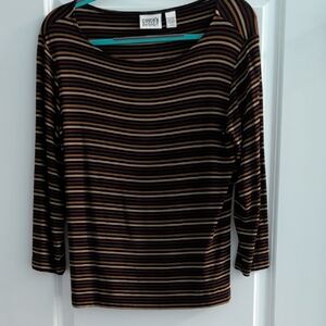 Chico's Black Striped Long Sleeve Tee with Brown, Tan and Pink Accents